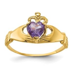 14k Yellow Gold CZ June Birthstone Claddagh Heart Ring, Size 6